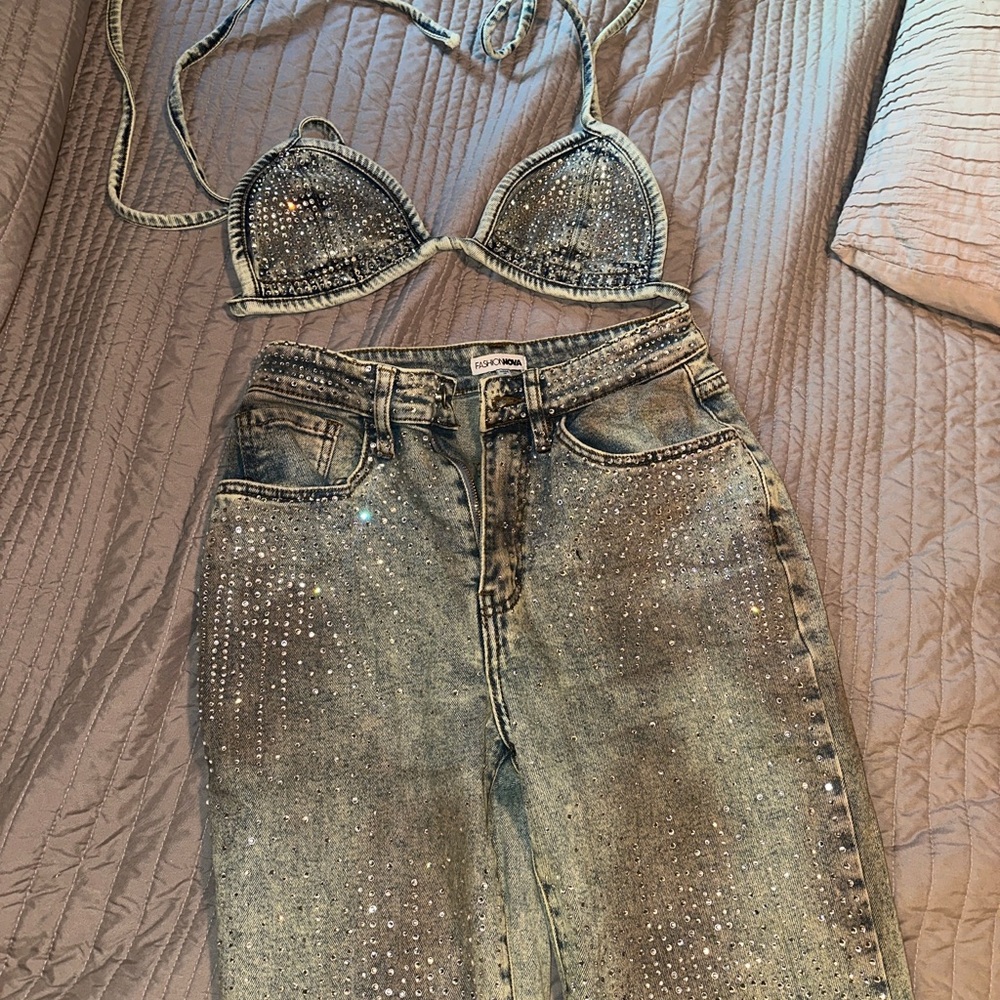 Two piece denim Rhinestone set!